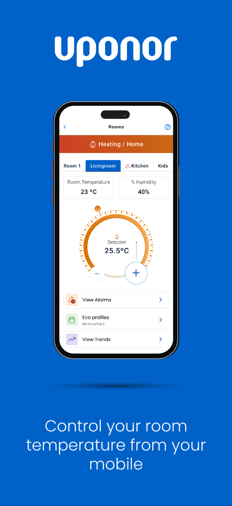 Uponor Smatrix Pulse 2 - Benutzeroberfläche der Uponor Smatrix Pulse 2 App mit Raumtemperatur- und Feuchtigkeitsregelung für ein Smart-Home-System.