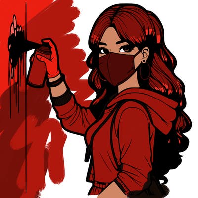 realistic girl with mask spray painting a wall