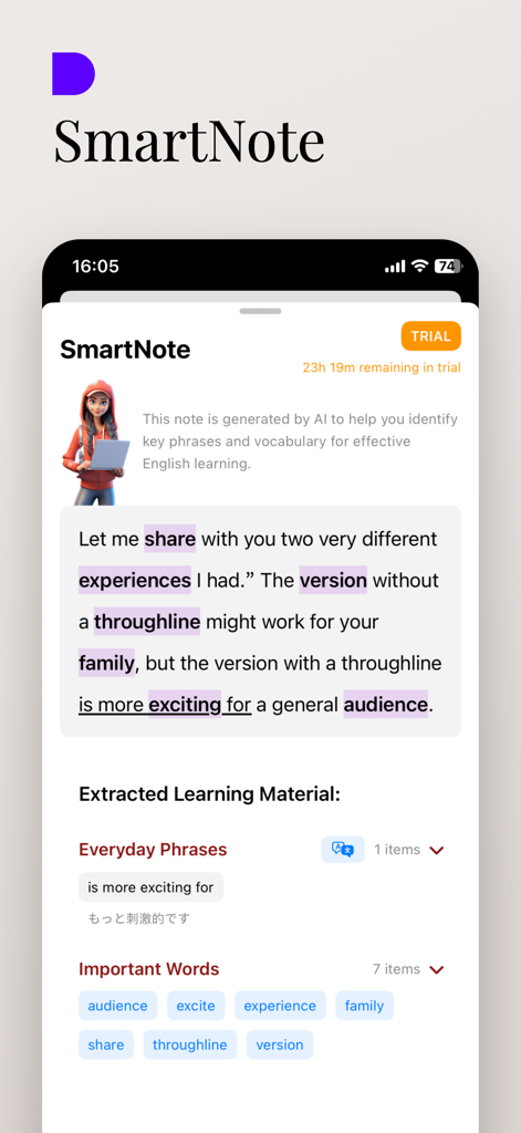 TalkLingo-Shadowing in English - Captura de pantalla de la función SmartNote de TalkLingo mostrando frases en inglés y vocabulario extraídos por IA con traducciones para la práctica de shadowing.