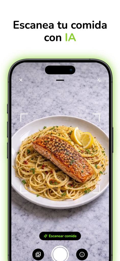 Calor.IA: Contador de Calorías - Smartphone screen showing the Calor.IA app scanning a salmon and pasta meal using artificial intelligence