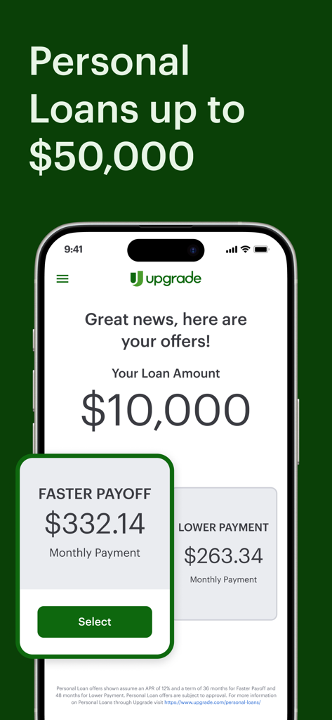Upgrade mobile banking app interface showing personal loan offers with options for faster payoff or lower monthly payments.