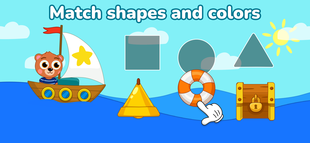 Puzzle mini games for kids - Écran de jeu éducatif pour enfants pour associer des formes géométriques et des couleurs avec des personnages sur le thème nautique