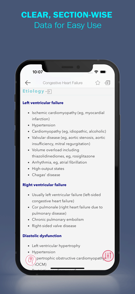 Pantalla de la aplicación MobileDDx que muestra secciones de etiología organizadas para insuficiencia cardíaca congestiva.