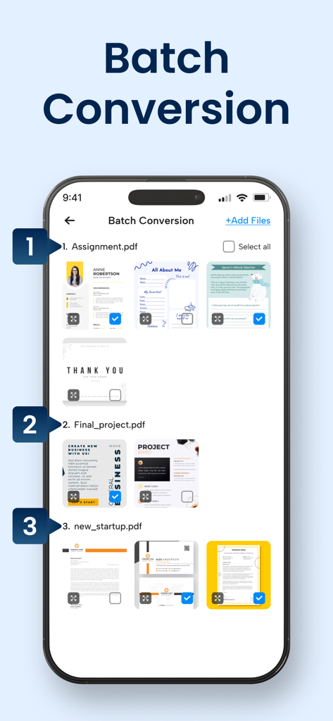 PDF to JPG Converter - JPEG - Interface of the PDF to JPG Converter app showing the batch conversion feature with multiple files and page previews selected for processing.