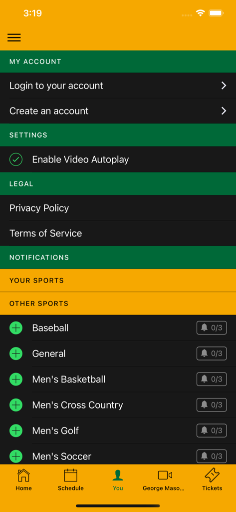 User account settings and sport notification preferences in the George Mason Patriots app