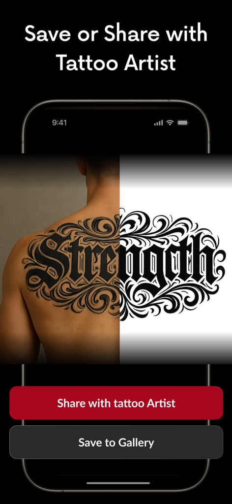 InkUp - AI Lettering tattoo - InkUp app interface showing a Strength tattoo design with options to share with a tattoo artist or save to gallery