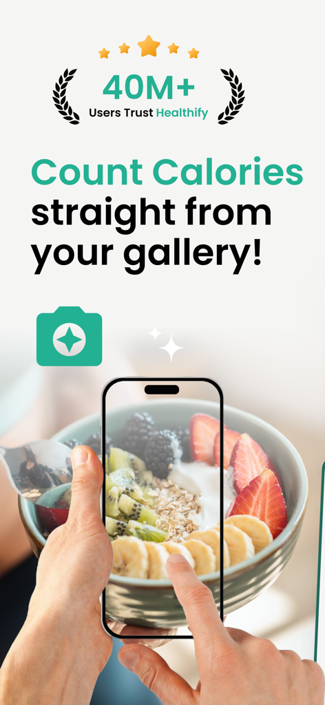 Healthify app demonstration of counting calories by selecting food photos from a mobile phone gallery