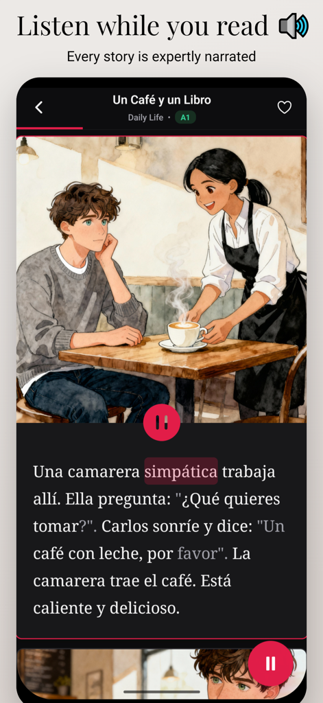 Inklingo: Spanish Stories - Tela do aplicativo Inklingo mostrando uma história ilustrada em espanhol com destaque de texto e narração de áudio