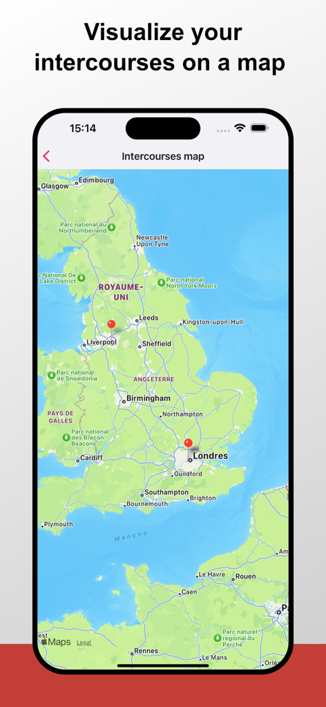 My PrEP app interface showing sexual intercourse locations on a map
