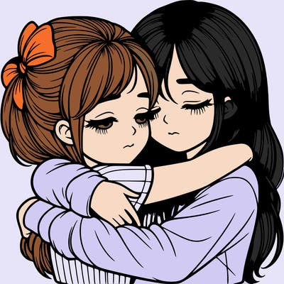 two girls hugging realistic