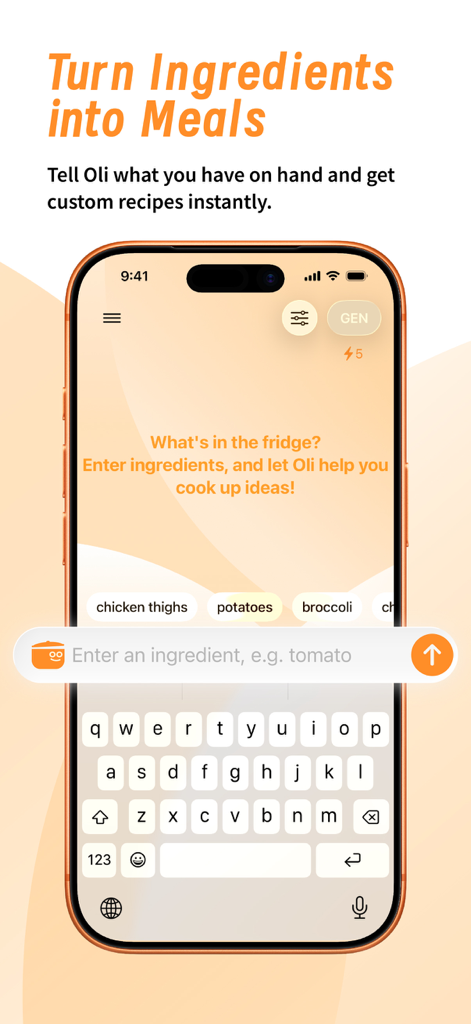 Cookidea mobile app interface for entering ingredients to generate custom recipes