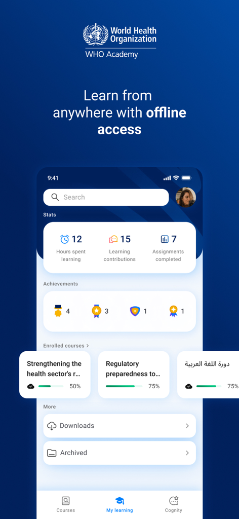 WHO Academy - WHO Academy app interface displaying offline access feature and a student dashboard with learning progress and achievements.