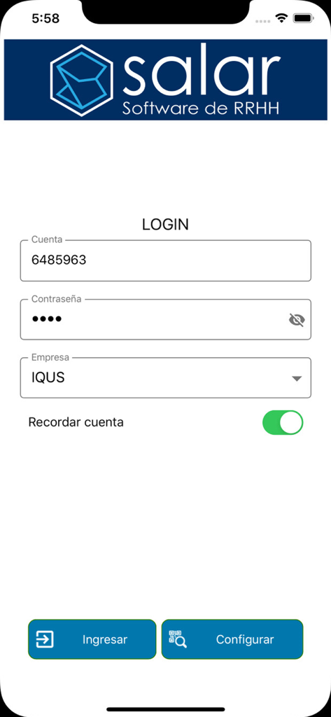 Pantalla de inicio de sesión del software de RRHH de Salar, aplicación móvil, que muestra campos de selección de cuenta y empresa