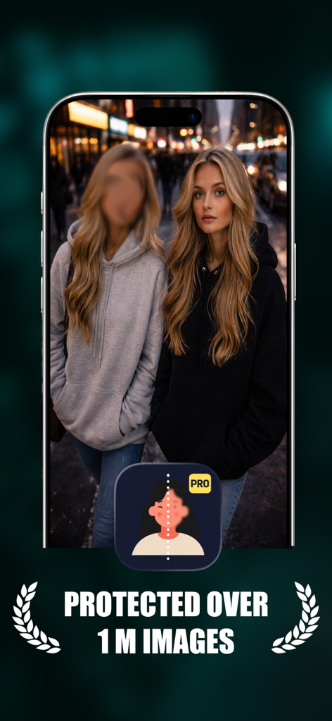PrivacyBlur mobile app interface demonstrating face blurring on a street photo.