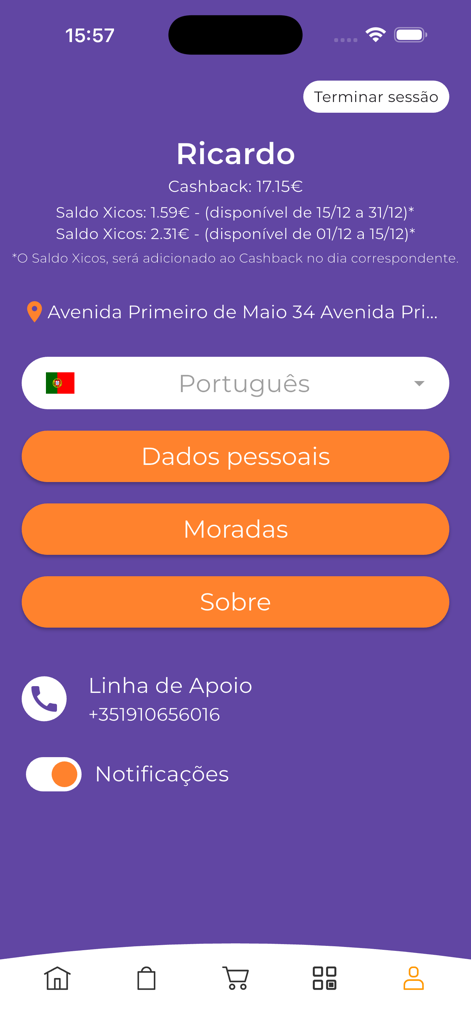 Xicos - Xicos app user profile page showing cashback balance address and account settings on a purple background