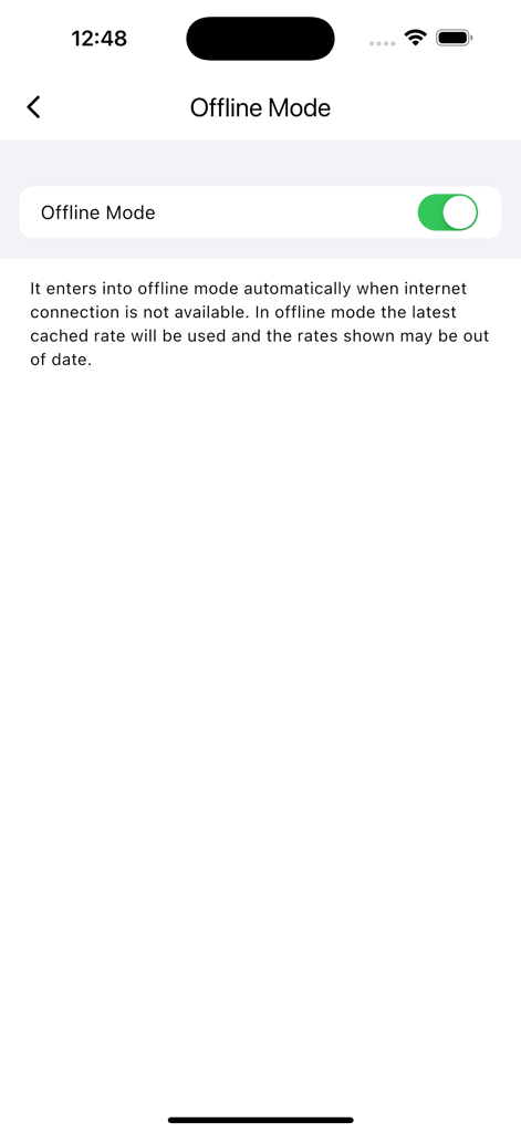 캐시된 요금 사용에 대한 정보 텍스트 및 토글 스위치를 보여주는 Credit Card Exchange Rate 앱의 오프라인 모드 설정 화면.