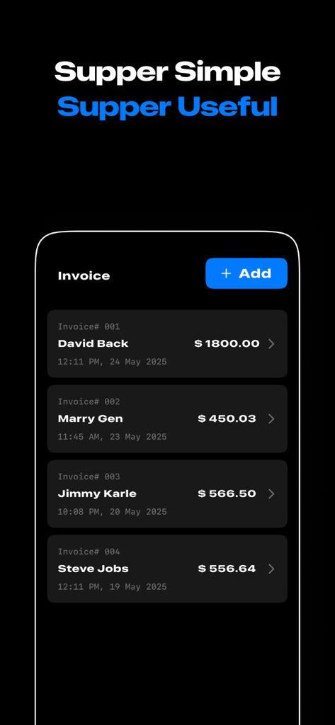 금액과 고객 이름이 포함된 디지털 송장 목록을 보여주는 송장 생성기 앱의 모바일 대시보드