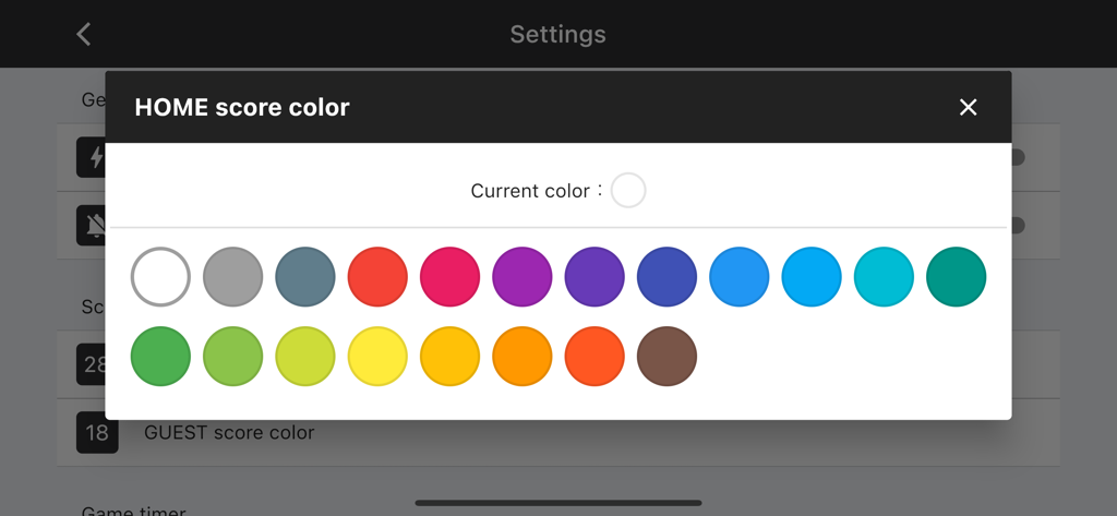 American Football Scoreboard - Farbauswahlmenü zur Teamanpassung in der American Football Anzeigetafel App.