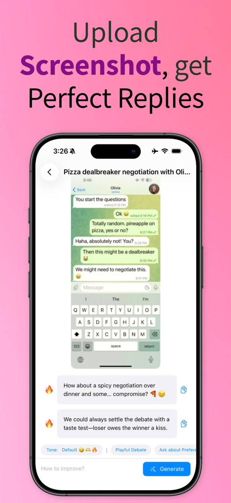 Rizzler AI: Texting Wingman - Rizzler AI generating witty replies from a dating chat screenshot