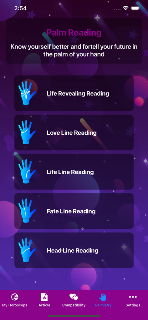 Ein mobiler Bildschirm, der verschiedene Handlese-Optionen wie Liebeslinie und Lebenslinie in der Horoskop 2020 App zeigt