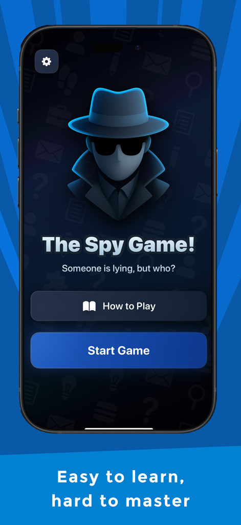 The Spy Game - Imposter Party - Pantalla de inicio de la aplicación The Spy Game con una ilustración de espía y un botón de inicio.