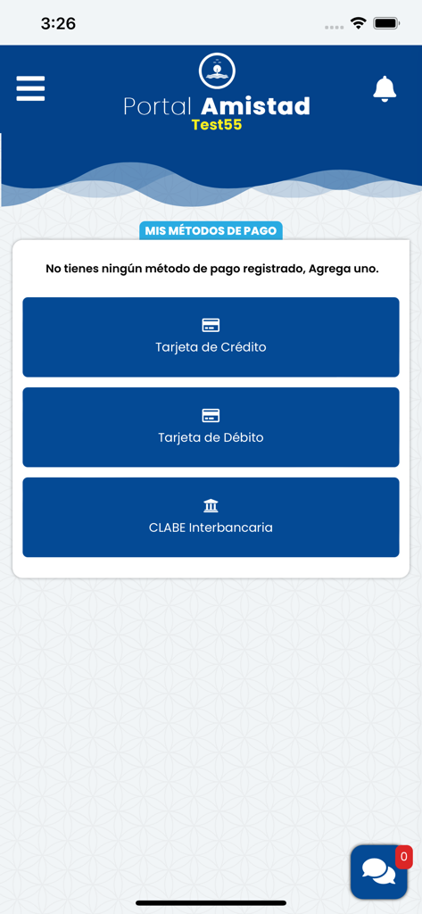 Amistad Bienes Raíces - Payment methods selection screen in the Amistad real estate app showing options for credit card, debit card, and interbank CLABE.