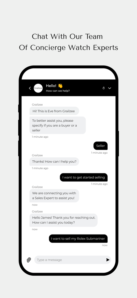 Grailzee app chat interface showing a user discussing selling a Rolex with a concierge watch expert.