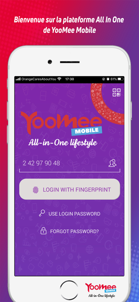 YooMee Mobile All In One - Login screen of the YooMee Mobile All In One app featuring biometric fingerprint authentication and secure access.