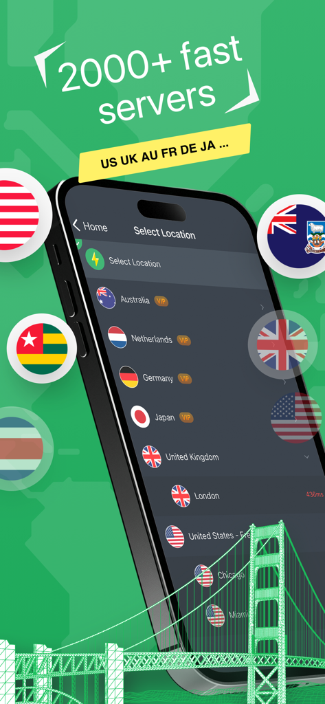 Pantalla de smartphone que muestra una selección de más de 2000 ubicaciones de servidores VPN globales, incluyendo EE. UU. y Reino Unido.