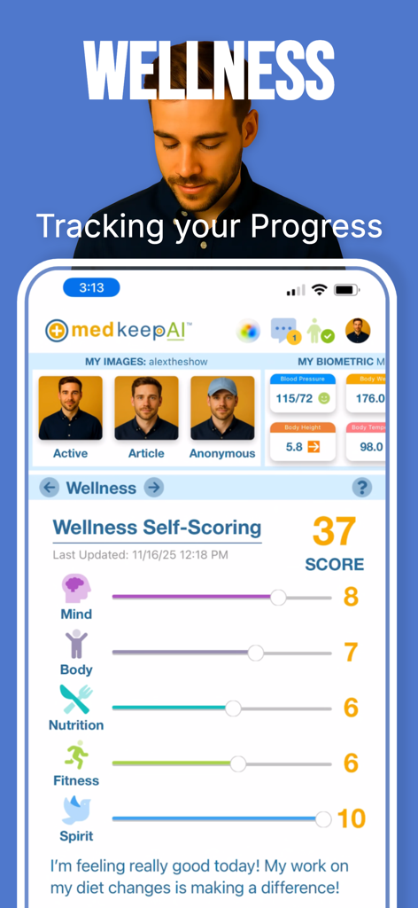 medkeepAI - medkeepAI mobile app screen showing wellness self-scoring sliders and biometric health metrics