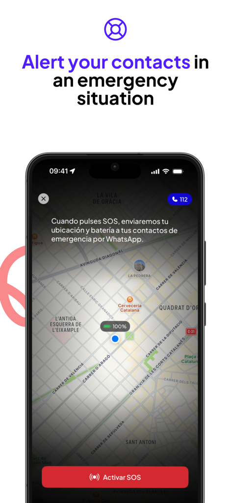 Hoople - Hoople app interface showing a map and a red button to activate an SOS emergency alert