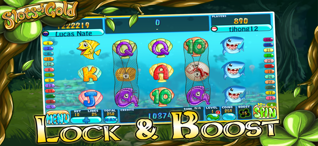 Slots of Gold Classic - Underwater themed slot machine interface in Slots of Gold Classic featuring the Lock and Boost gameplay mechanic