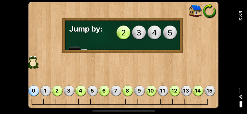 Number Lines School Edition - Skip counting selection screen in the Number Lines School Edition app featuring a frog and a number line on a wooden background.