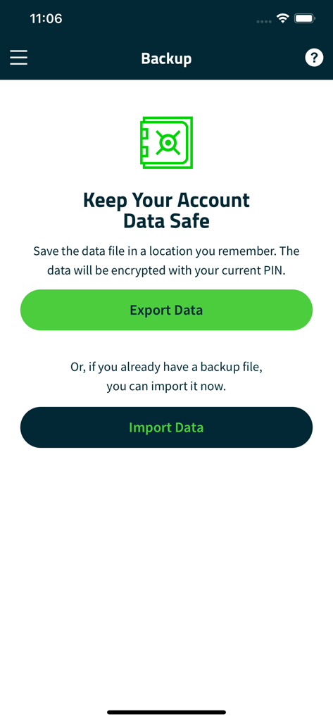 Backup screen of FIS Authenticator app with options to export or import account data safely