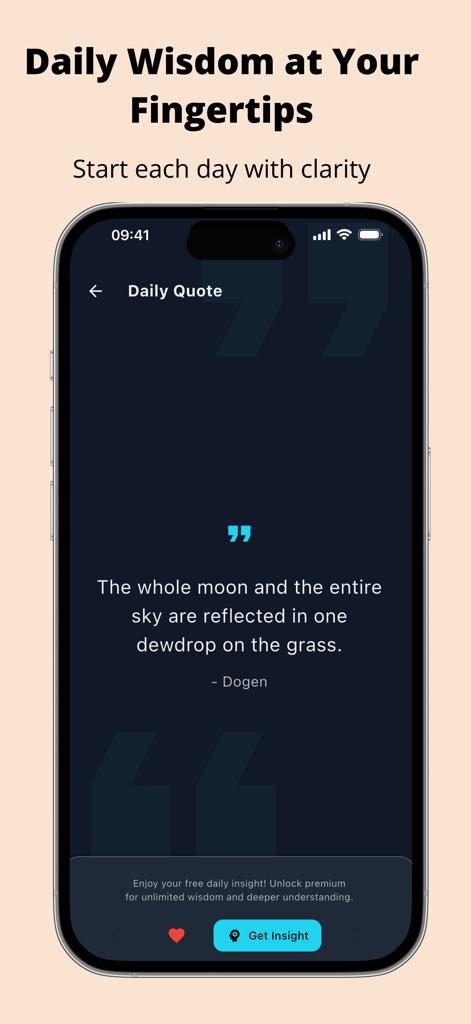 Zen Daily: Buddhism Practice - La pantalla de la app Zen Daily que muestra una cita de sabiduría diaria de Dogen para la atención plena y la claridad.