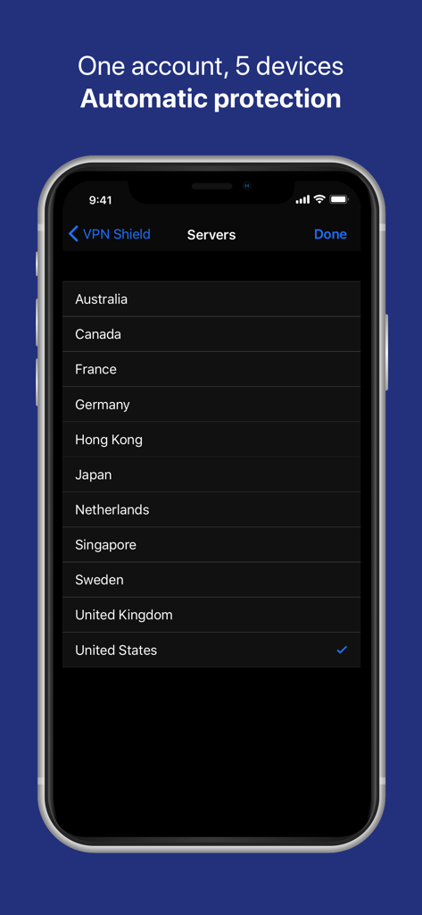 iPhone上でグローバルサーバーロケーションのリストを表示しているVPN Shield Professionalアプリ。
