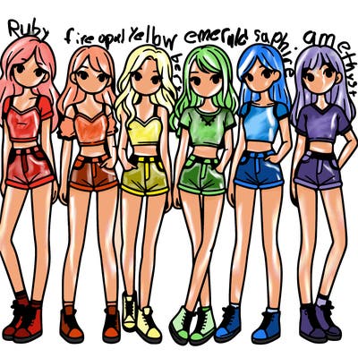 a group of girls wearing crop tops and shorts