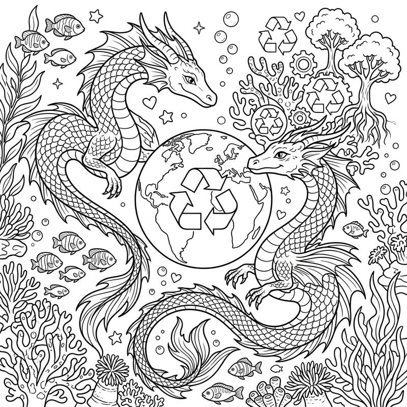 Immerse yourself in a vibrant underwater world with our unique Earth Day coloring page, featuring two magnificent sea serpents. This intricate design beautifully combines mythical creatures with a powerful message of environmental protection and recycling.
