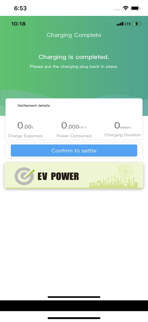 E Charge International - Tela do aplicativo E Charge International mostrando detalhes de conclusão e liquidação do carregamento.