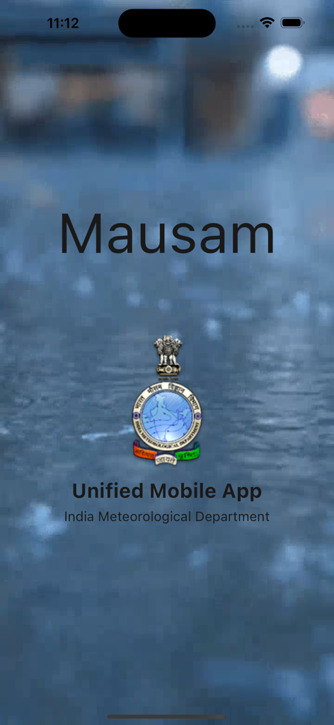 Mausam - Pantalla de inicio de la aplicación meteorológica Mausam con el logotipo del Departamento Meteorológico de la India