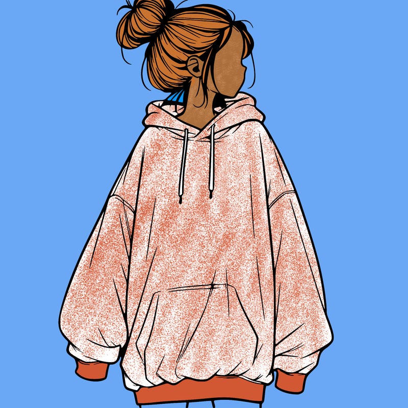 realistic girl with a oversized sweatshirt on and a bun