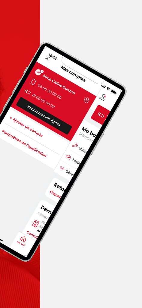 SFR & Moi - SFR and Moi mobile application interface showing account management and line details for a French telecommunications user