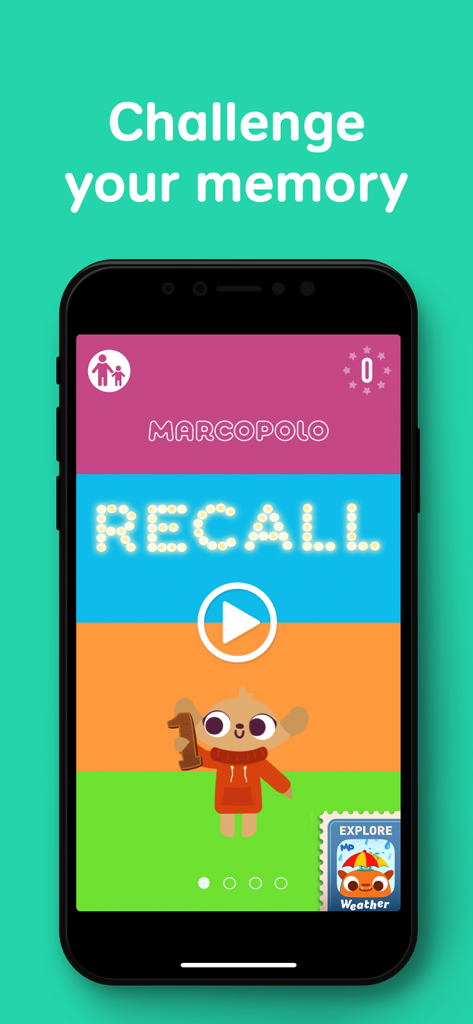 MarcoPolo Recall - MarcoPolo Recall app main menu screen with colorful blocks and a memory challenge title for children