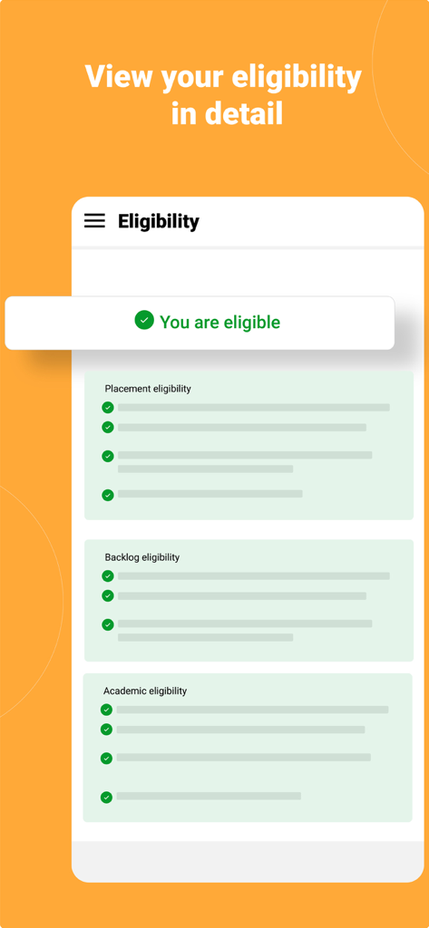 Interface of Superset app showing detailed eligibility status for job placements including academic and backlog checks.