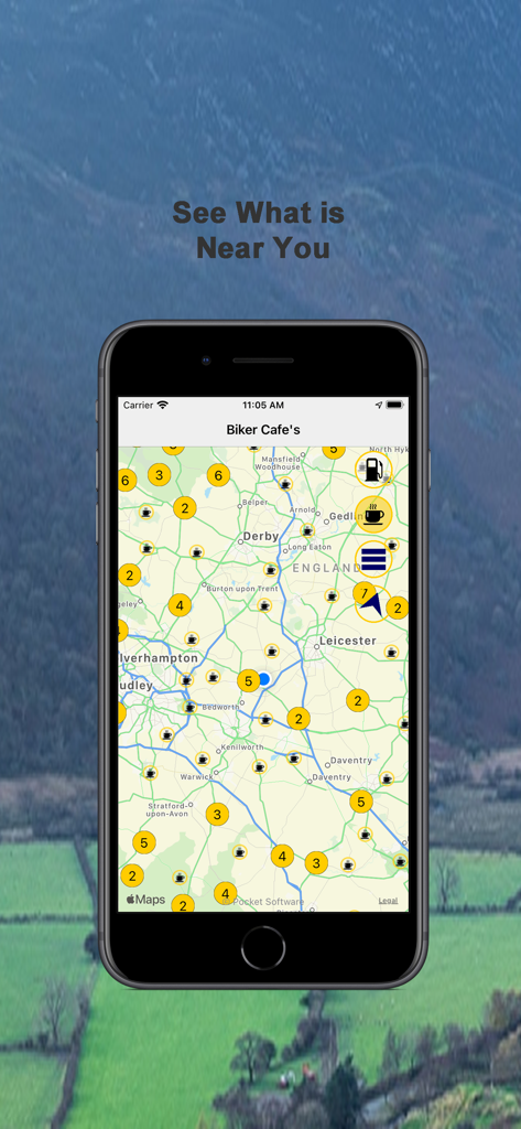 U.K. Biker Cafes - A map of England in the UK Biker Cafes app showing clusters of motorcycle-friendly locations and cafes