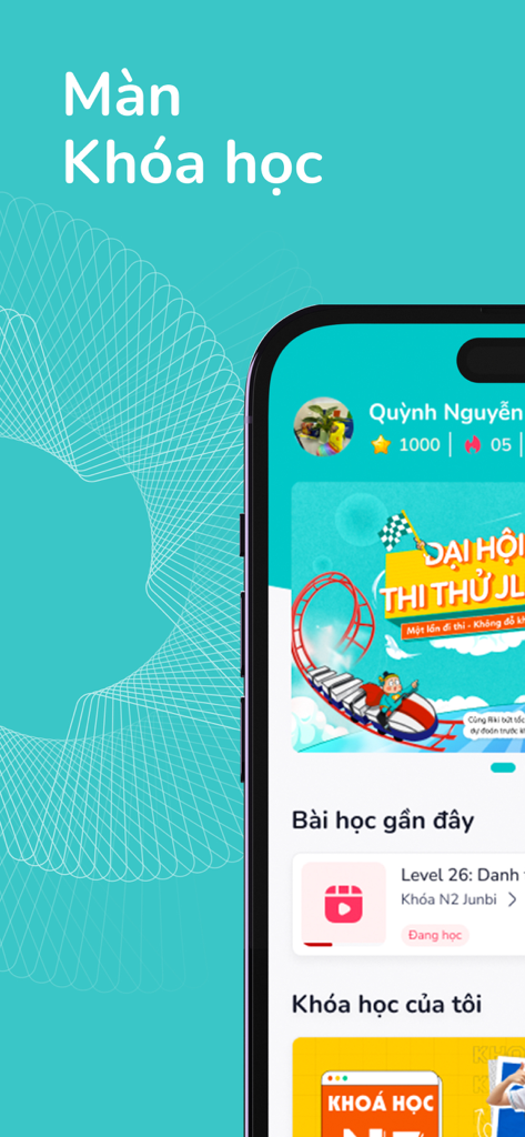 Riki - Painel do curso do aplicativo Riki mostrando preparação para o exame JLPT e progresso de estudo.