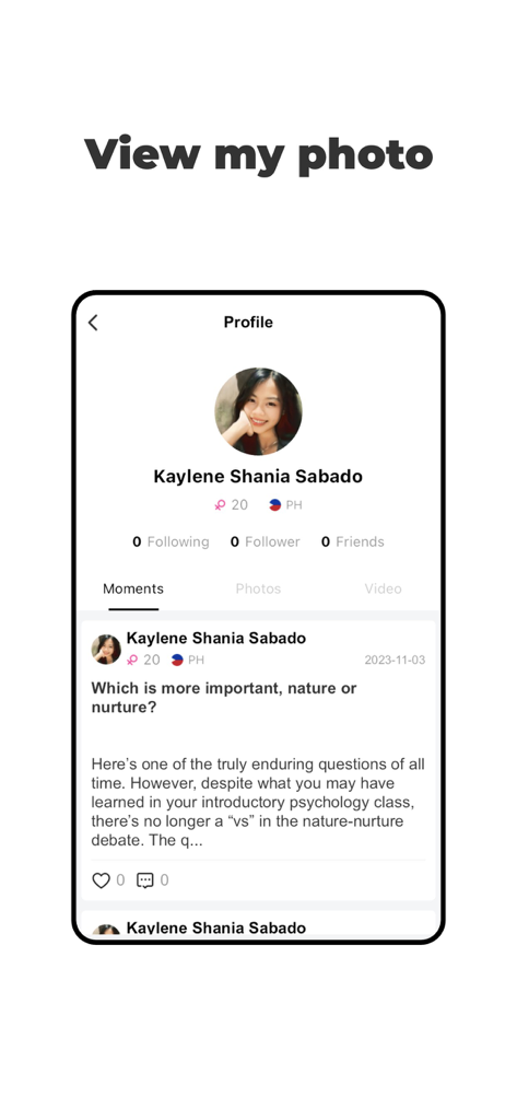 Chato-Live app profile view showing a user post about nature versus nurture.