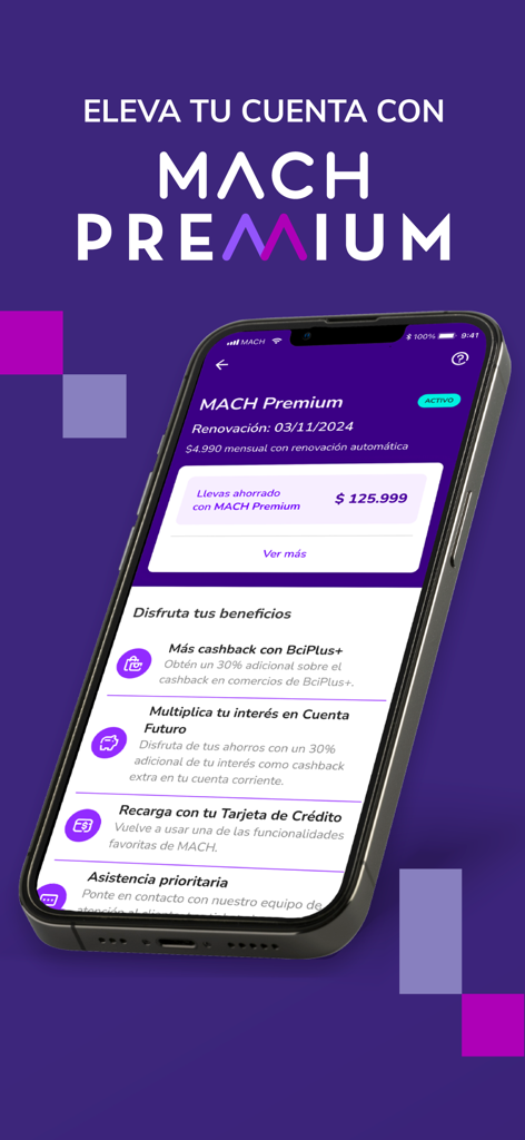 Interfaz de la aplicación móvil de MACHBANK Premium mostrando ahorros de la cuenta y beneficios exclusivos para miembros en español.
