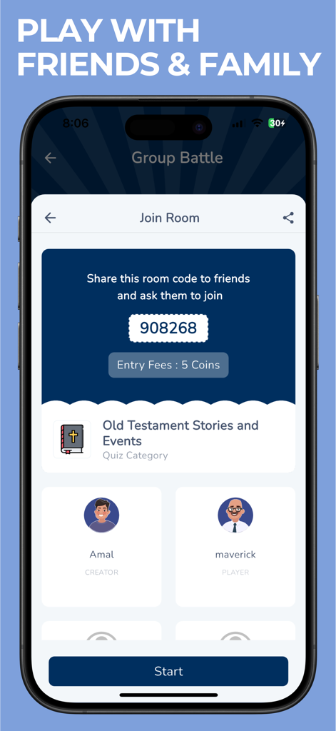 Biblia Trivia | Bible Quiz App - Una pantalla móvil que muestra la sala de espera de batalla grupal de Biblia Trivia con un código de sala y jugadores listos para comenzar un quiz del Antiguo Testamento.