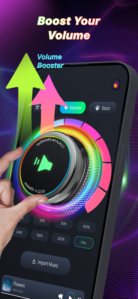 Volume Booster Bass Equalizer - Interfaccia di un'app mobile con un quadrante per aumentare il volume e i livelli dei bassi